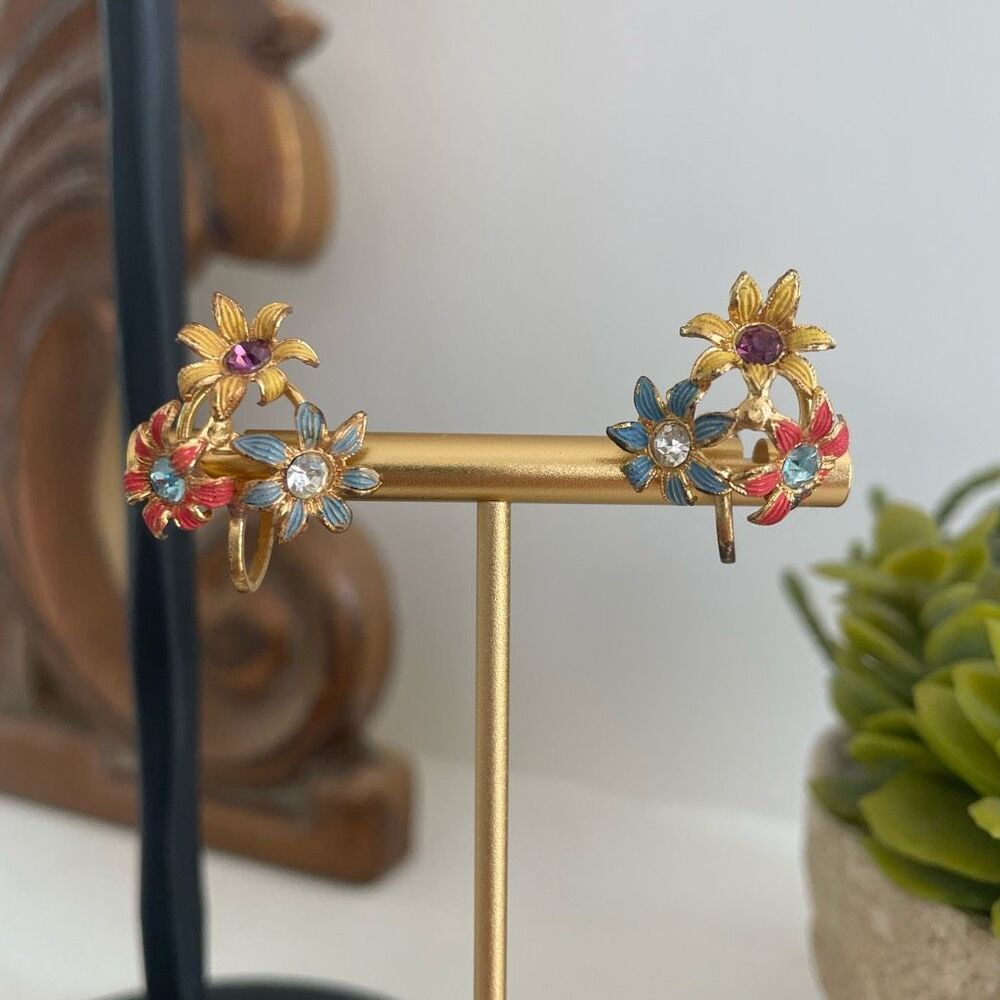 Vintage 3 Flower Rainbow Color Screw Back Earrings